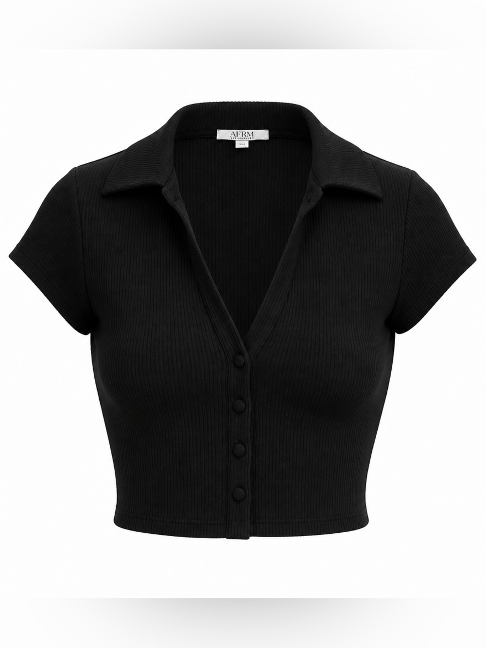 AFRM Black Ribbed Button-Front Crop Polo - Picture 2 of 7